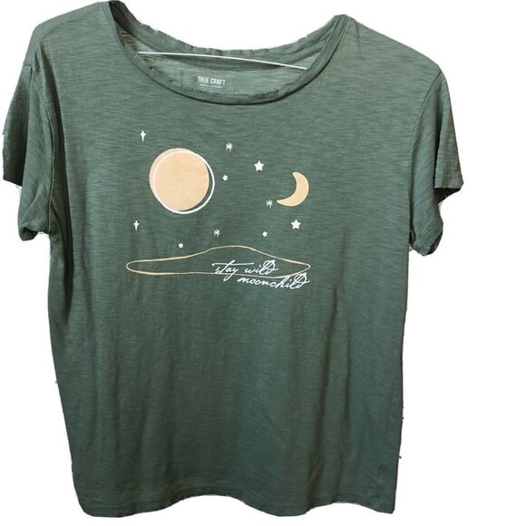 True Craft T Shirt Womens Top Size Small - Green - “Stay Wild Moo child”Distress - Picture 1 of 5